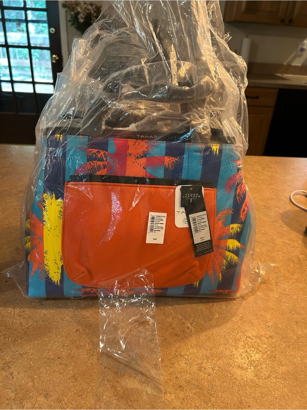 Tahari Multicolor Palm-Print Tote with Orange Pocket